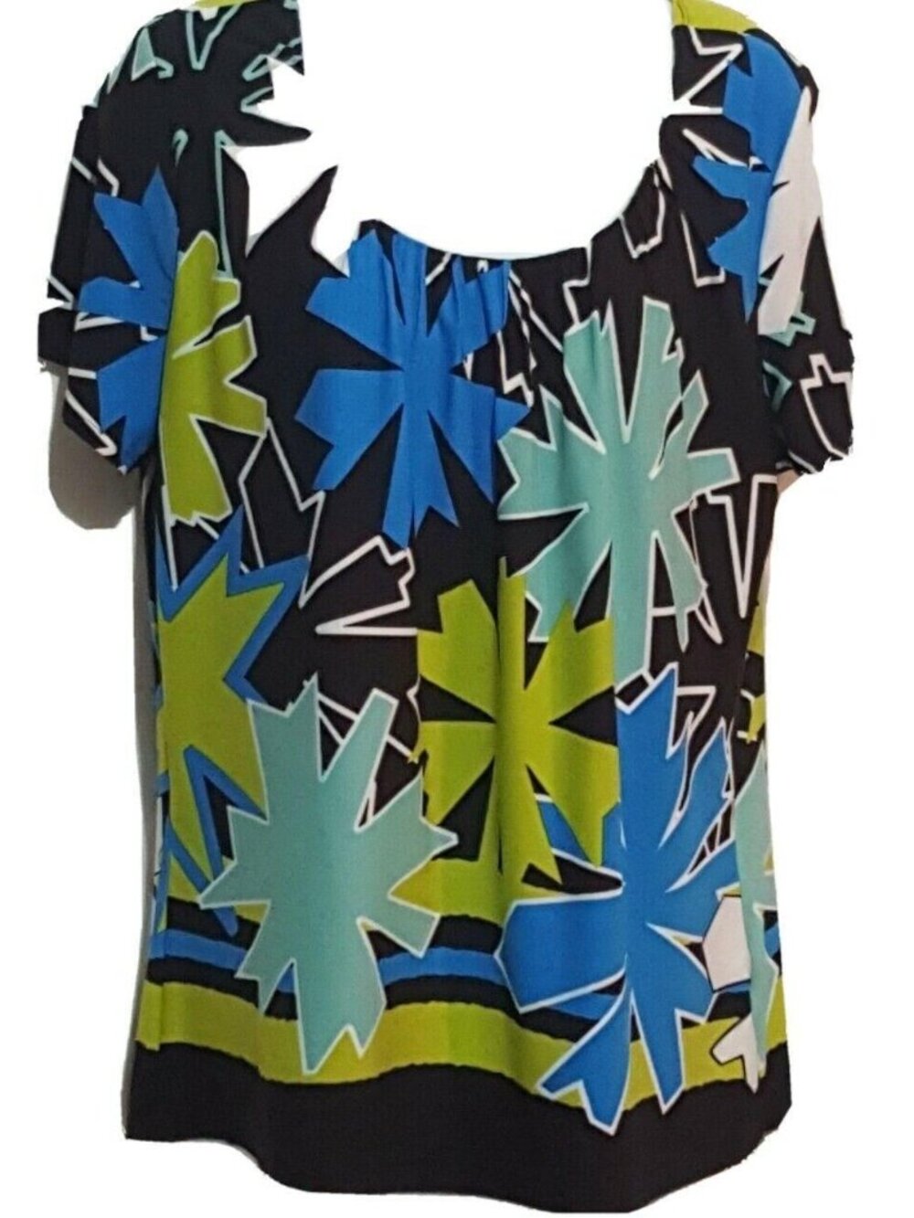 Notations Womens Floral Blouse Top Colorful Scoop Neck Stretch Short Sleeve Chic
